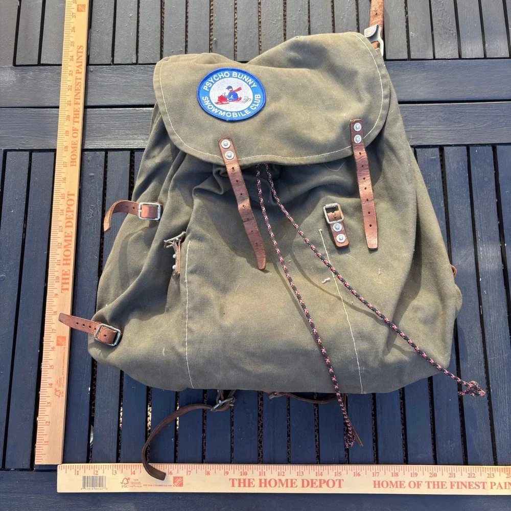 Psycho Bunny Rucksack Backpack Unisex Large Olive Green Good Vintage Canvas Bag